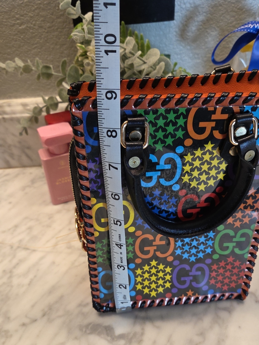 Fashion Multicolor GG Patterned Mini Tote with Black Handles & Crossbody Strap - Picture 12 of 15